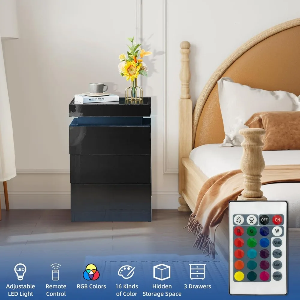 مجموعة منضدة سوداء مكونة من قطعتين مع أضواء LED، وحامل ليلي ذكي مع مساحة تخزين قابلة للطي، وطاولة بجانب السرير مع 3 أدراج شديدة اللمعان، وضعية #4