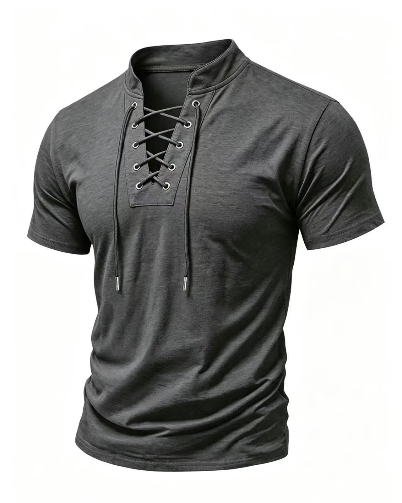 Men's retro-style drawstring short-sleeved T-shirt with color-blocked design, slim fit, fashionable polo shirt, unique style.