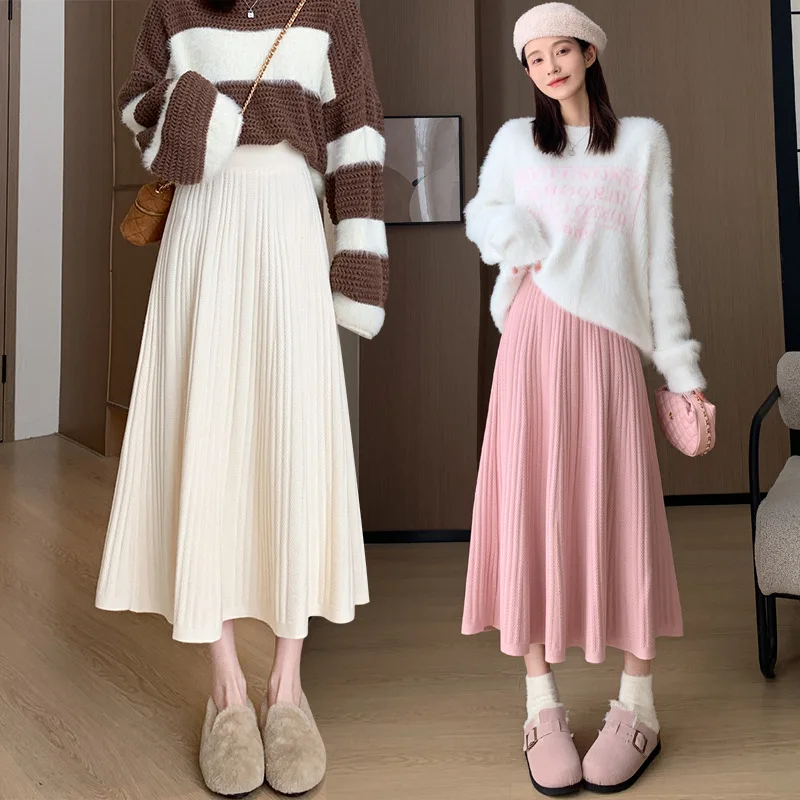 2025 New Autumn Winter Petite A- Line Plissé Skirt Medium-Length French Fairy Knit Skirts Pink Knitted Half-Length Skirt Women's