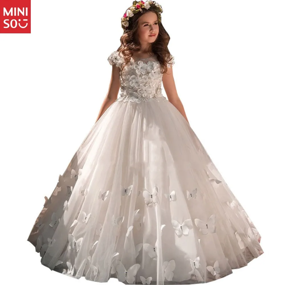 

Girls Snow White Princess Gown with Cathedral Train, Flower Girl & Pageant Dress for Piano Recital