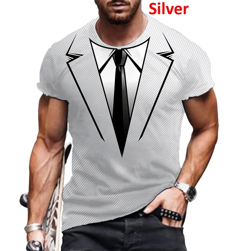 Men Fashion Funny Fake Suit 3D Printing T Shirt Tuxedo Bow Tie Printed Casual Round Neck Short Sleeve T-Shirts Oversized Tops