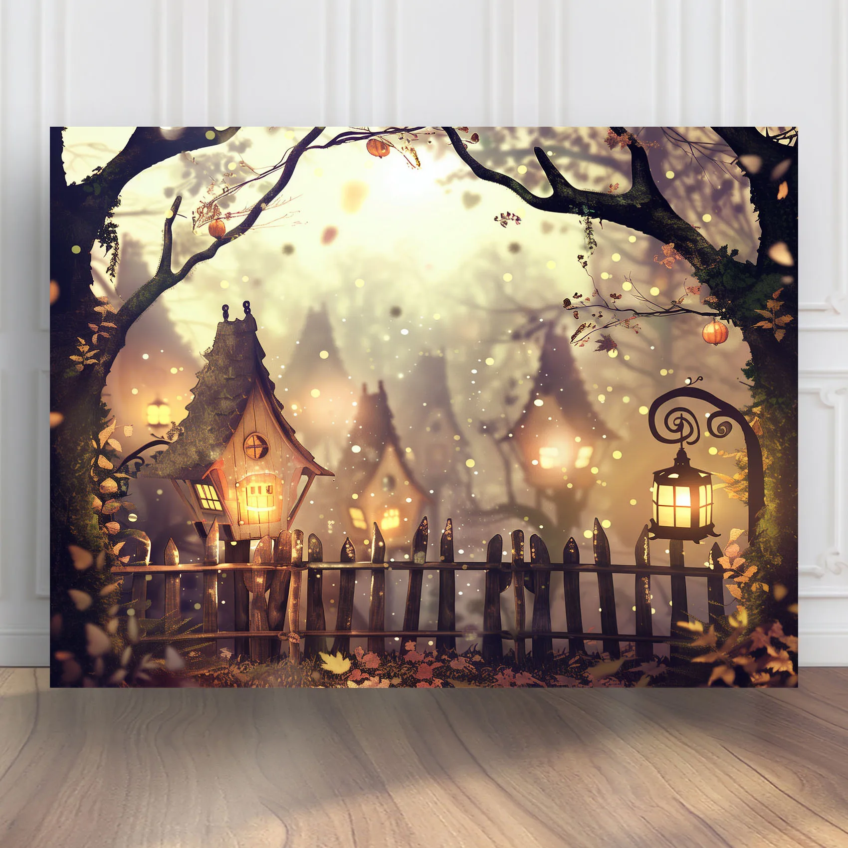 

Autumn Forest with Lanterns and Wooden Fence Cozy Photography Backdrop for Thanksgiving Party Decoration Props BG-1639