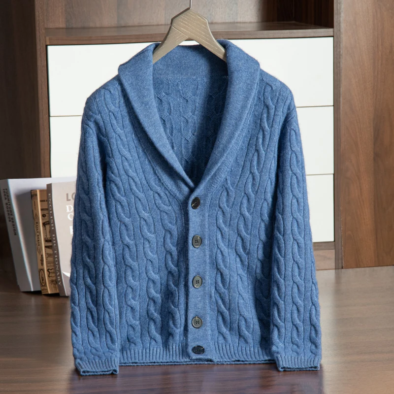 Autumn Winter New 100% Pure Cashmere Sweater Men\'s Green Fruit Neck Knitted Cardigan Business Casual Shirt Coat Thickened Warm