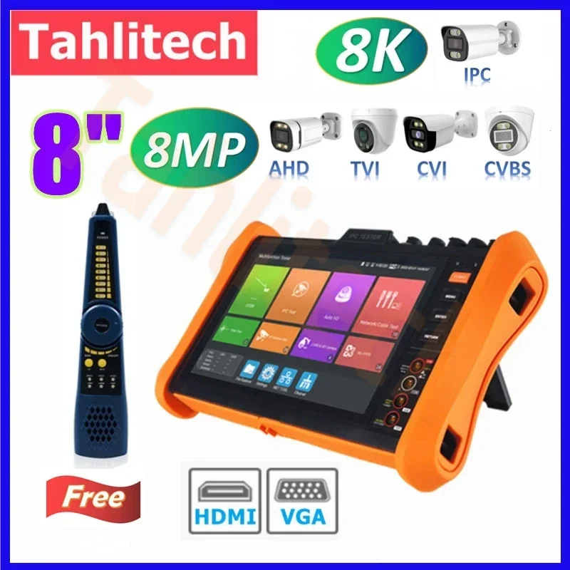 

8K Ip Camera Test 8" Monitor VGA HDMI CCTV Tester H.265 IPC Tester SFP Optical Module AHD CVI TVI SDI All in one CCTV Tester