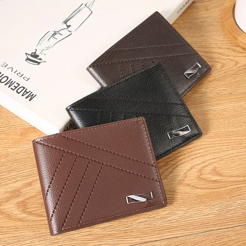 Neue männer Brieftasche Kurze Multi-Karte Große Kapazität Lychee Muster Einfarbig 2-fach Casual Brieftasche Männer