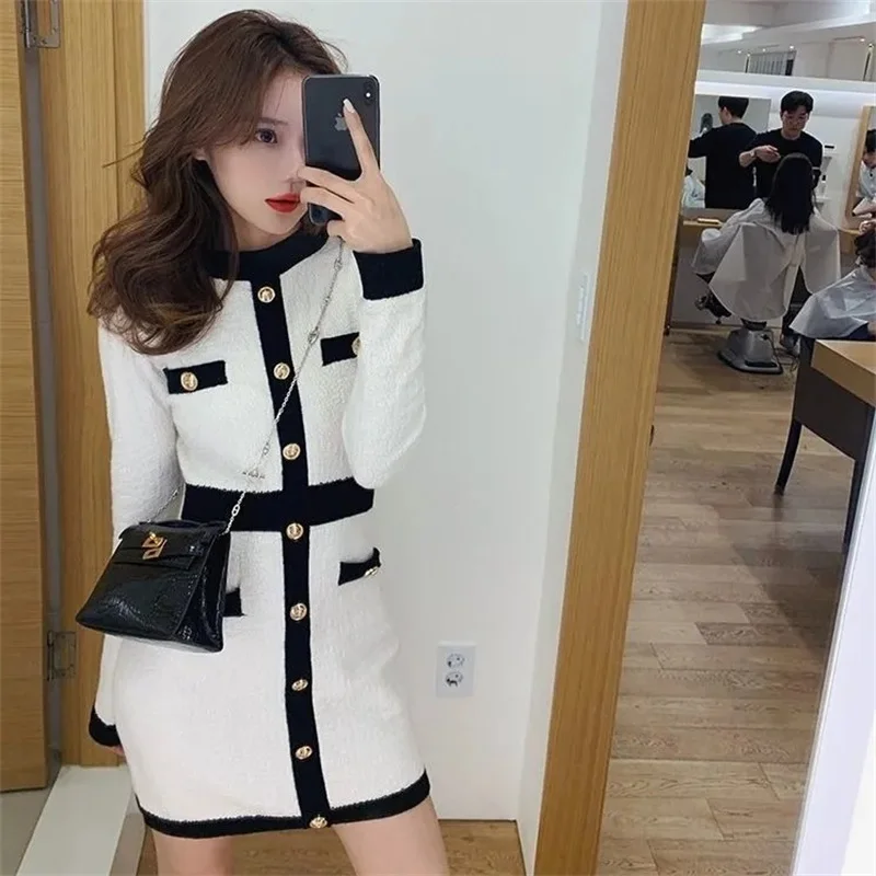 

2023 New Spring Autumn Knitted Dress Goddess Style Long Sleeve Waist Show Thin Temperament Celebrity Wrapped Hip Sweater Skirt