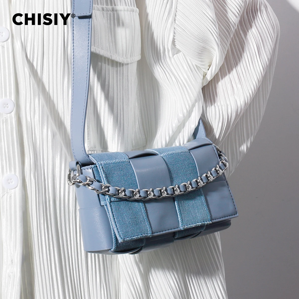 CHISIY Original Handmade Woven Plaid Beaded Blue Artificial Leather Ingredient Shoulder/Cross-Body Bag, Adjustable Strap, Commut