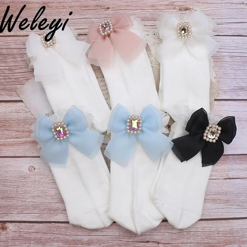 Jirai Kei Accessories Cute Girl Lolita Fungus Edge Pile Sock Japanese Style Mine Sweet Yarn Bow Tie Pearl Rhinestone Socks Woman