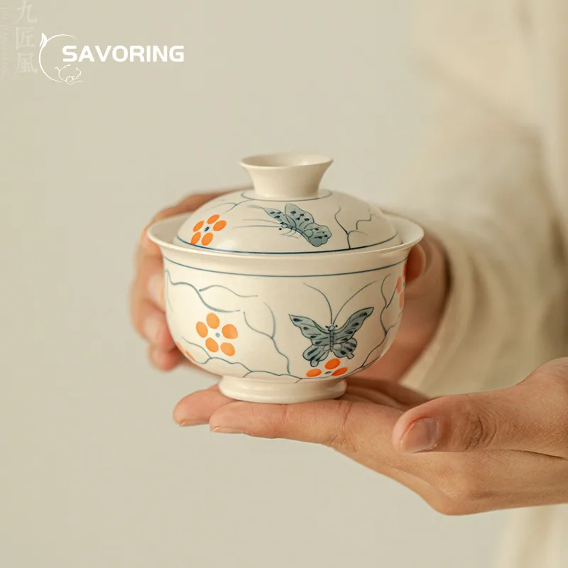 

Hand Painted Butterfly 120ml Gaiwan Ceramic Cover Bowl Chinese Tea Original Bowl Tool Cup Kung Fu Chhai Puer Porcelain Maker Set