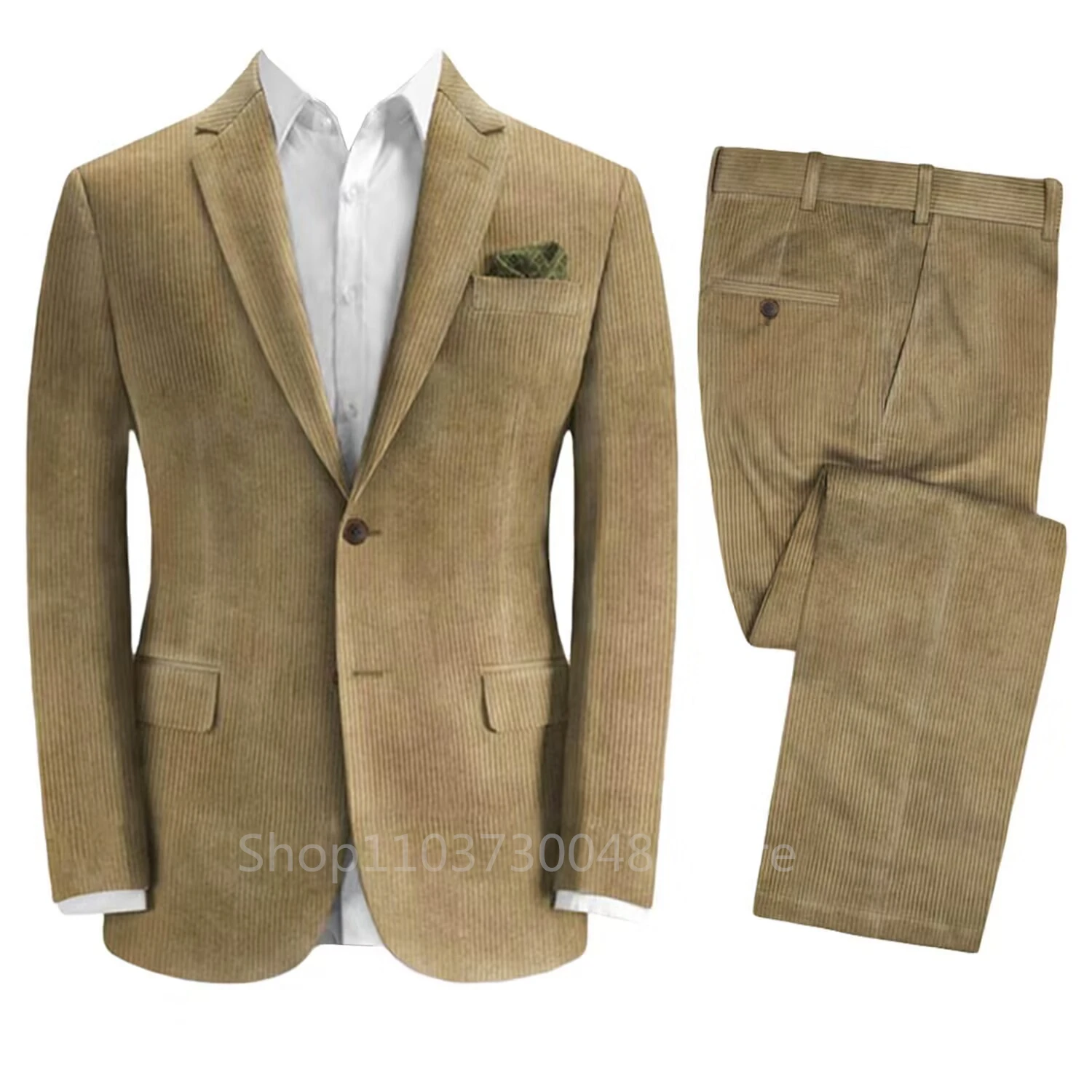 Khaki Corduroy Men Suits Slim Fit Notch Lapel Two Buttons Blazer Pants Wedding Groom Tuxedos 2 Piece Business Set(Jacket+Pants)