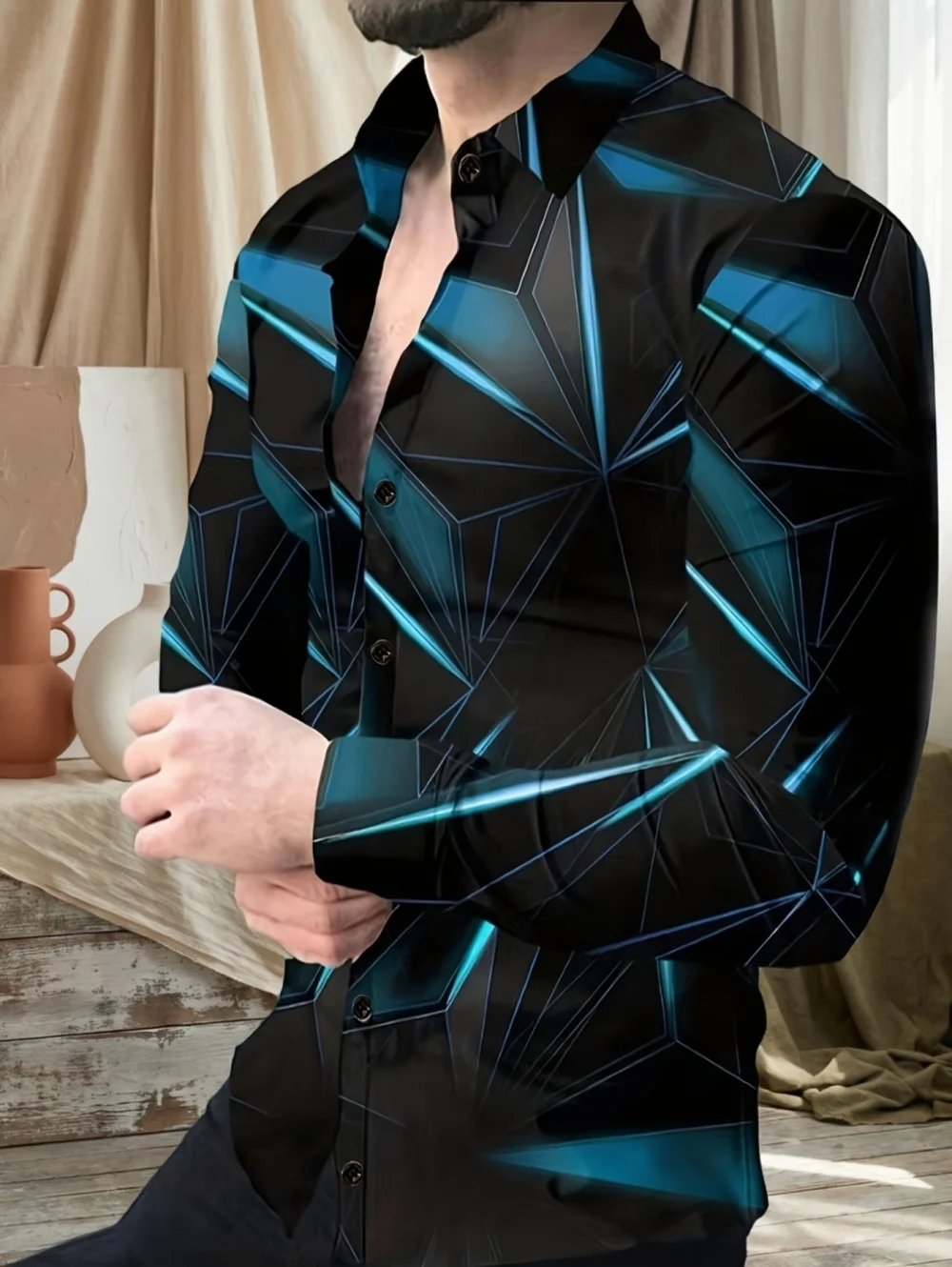 

Men's Casual Long Sleeve Shirt Irregular Print Design Trendy Comfort Fit Button-Up Tops Party Daily Wear Loose Men's Clothing