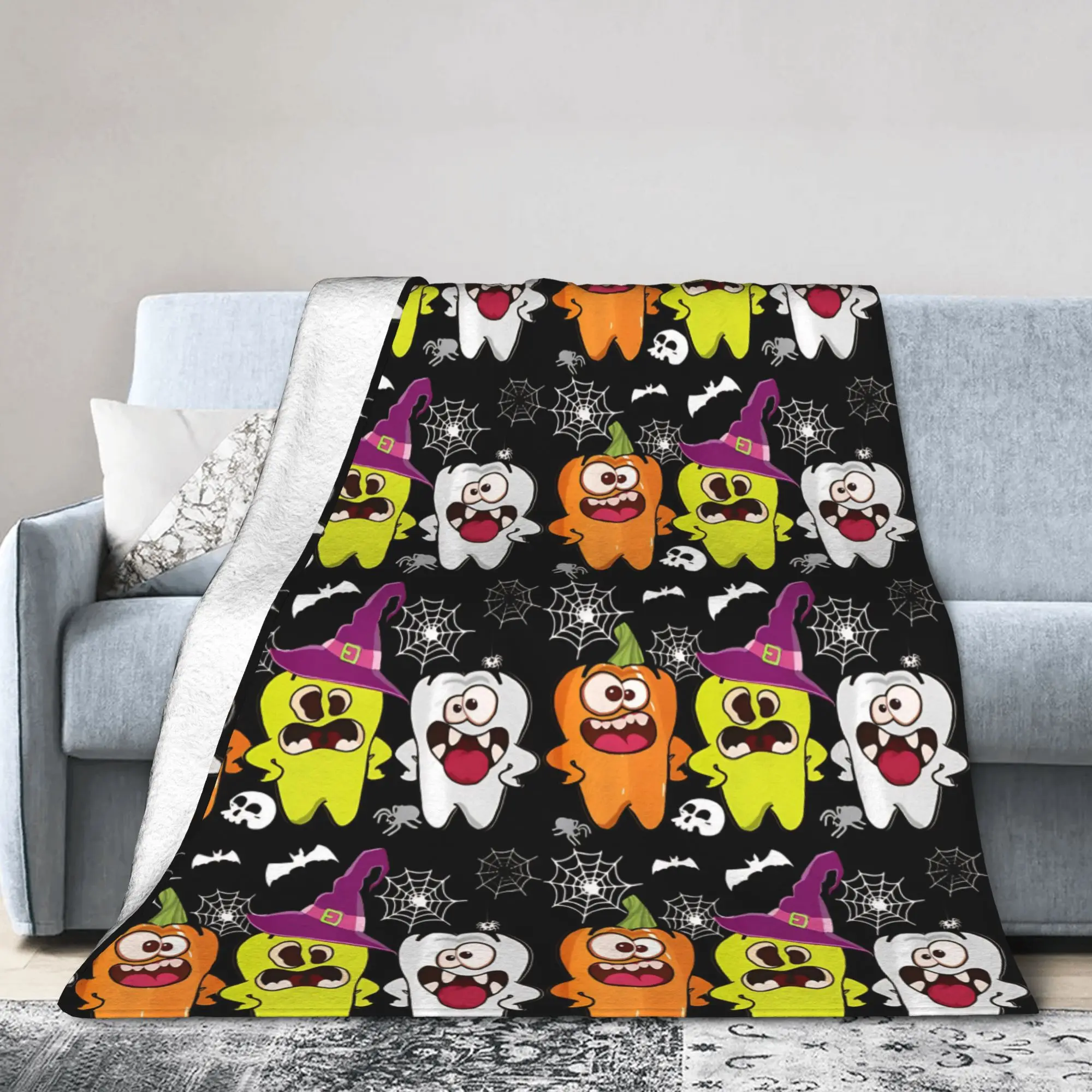 Ghost Witch Tooth Doctor  Blanket Coral Fleece Plush Spring/Autumn Cartoon Teeth Helloween Portable Warm Throw Blankets Quilt
