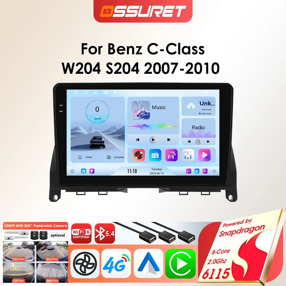 OSSURET 6115 Android-Player für Mercedes Benz C W204 S204 2007-2010 Carplay Autoradio Multimedia 9 Zoll 8-Kern GPS Touchscreen