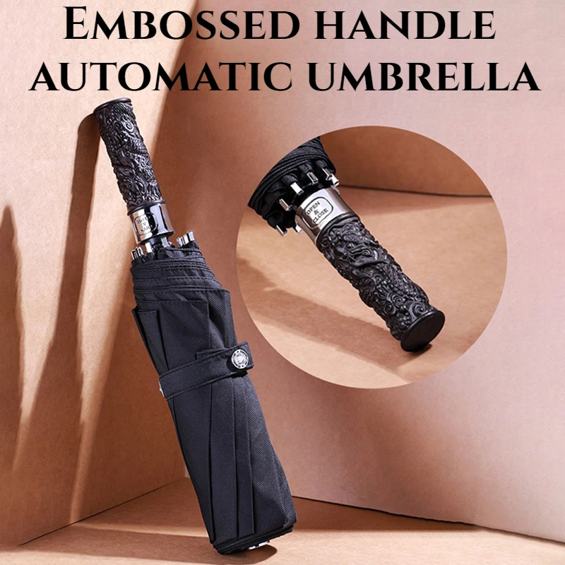 Wood Relief Handle Umbrellas Large 3-folding Automatic Men's Umbrella Reinforced Rain Umbrella Windproof Strong Uv Umbrellas