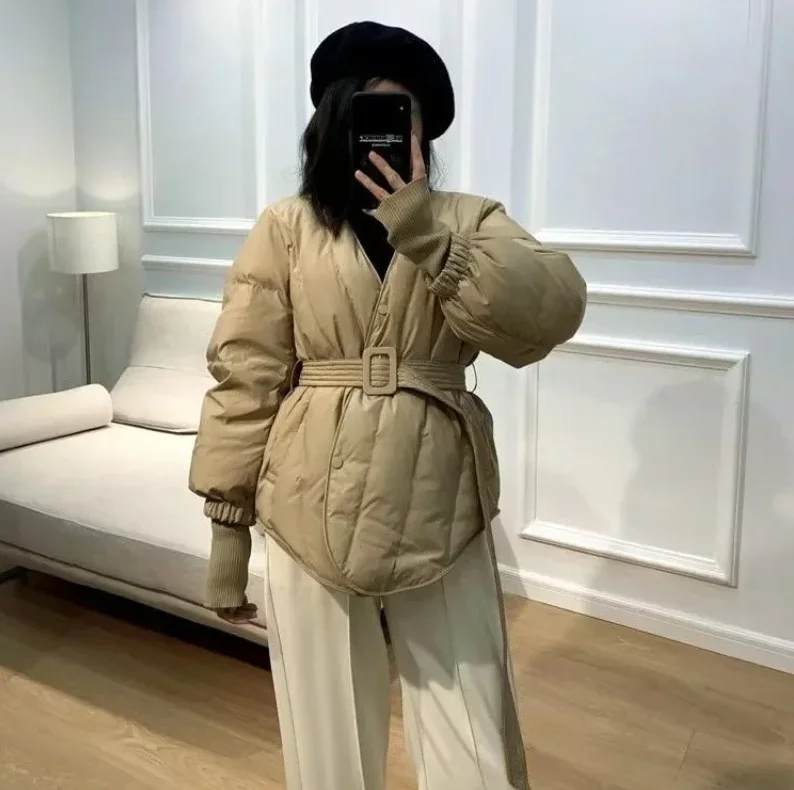 

Long Sleeve Women's Cotton Jacket Women's V-Neck Down Parka Jacket Waist-Cinching Stylish Trendy Fashionable Coat Ribbed Sleeves