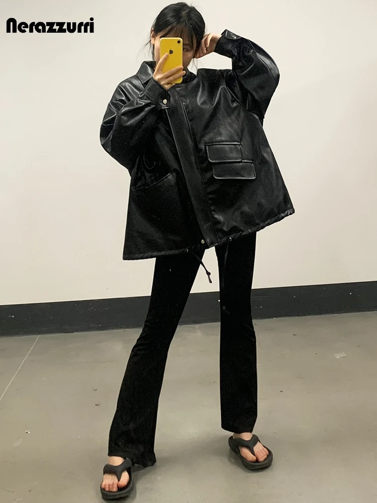 Nerazzurri Spring Autumn Oversized Cool Chic Brown Black Soft Faux Leather Jacket Women Zipper Loose Casual Korean Fashion 2023