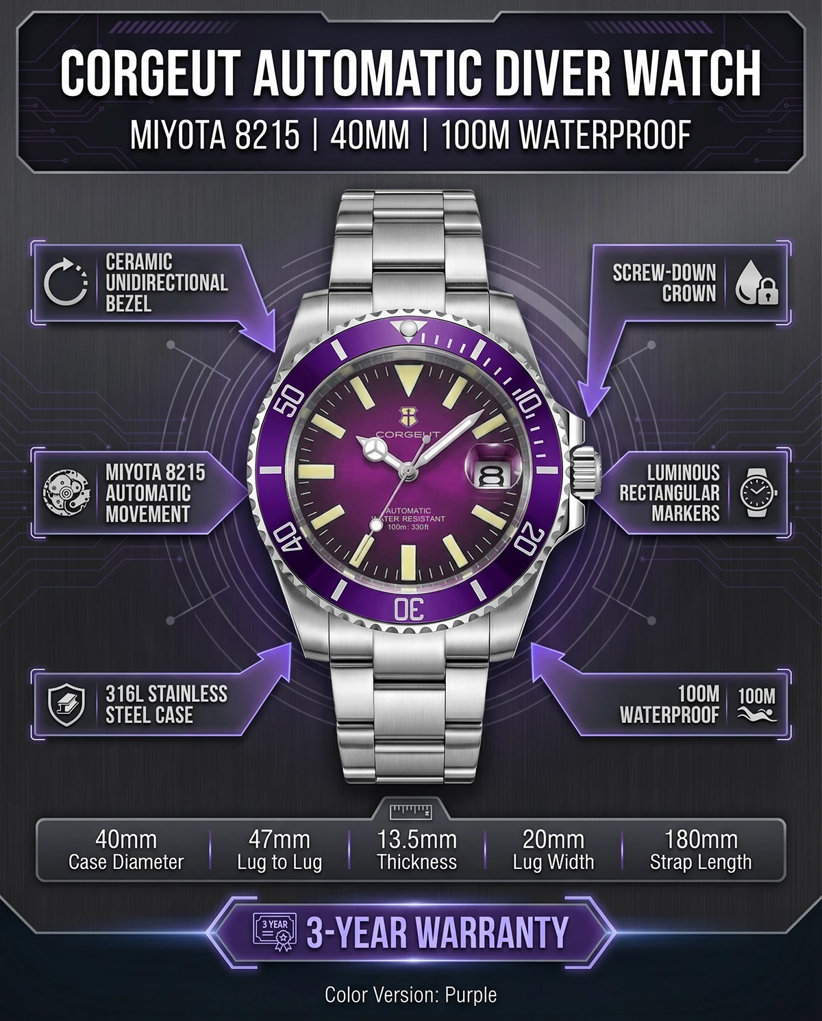 CORGEUT OFFICIAL 40mm NH35 Jam - Diver Watch 300M ulasan dan harga