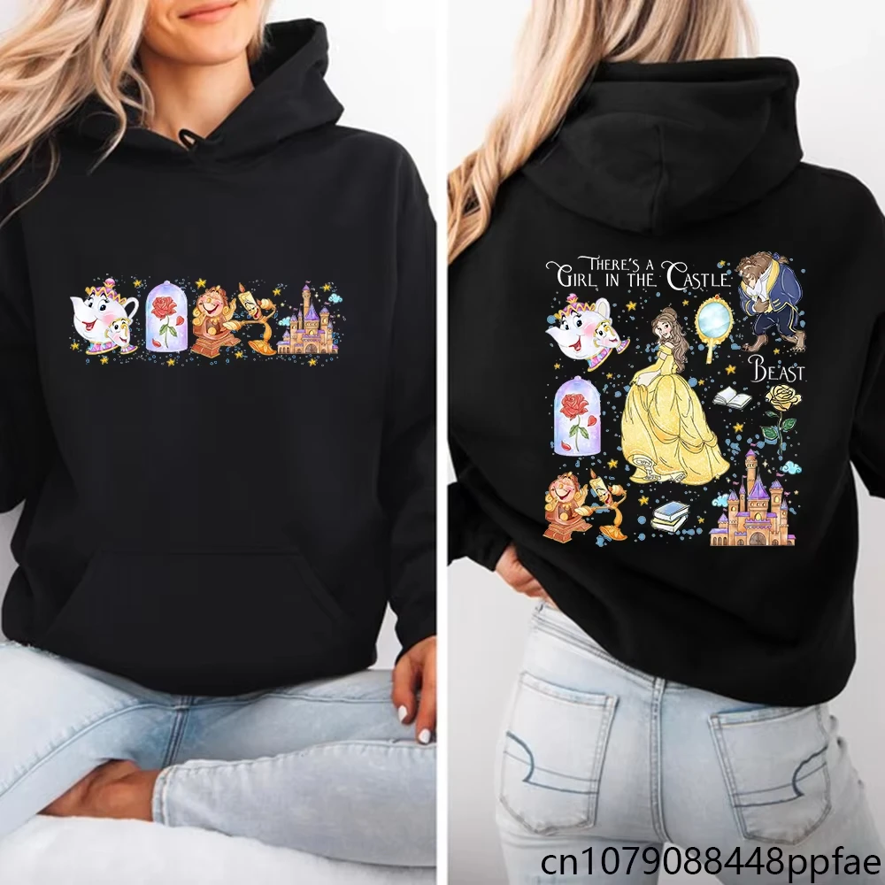 سويت شيرت نسائي كاجوال مريح من Disney Trendy Cute Beauty and The Beast بقلنسوة