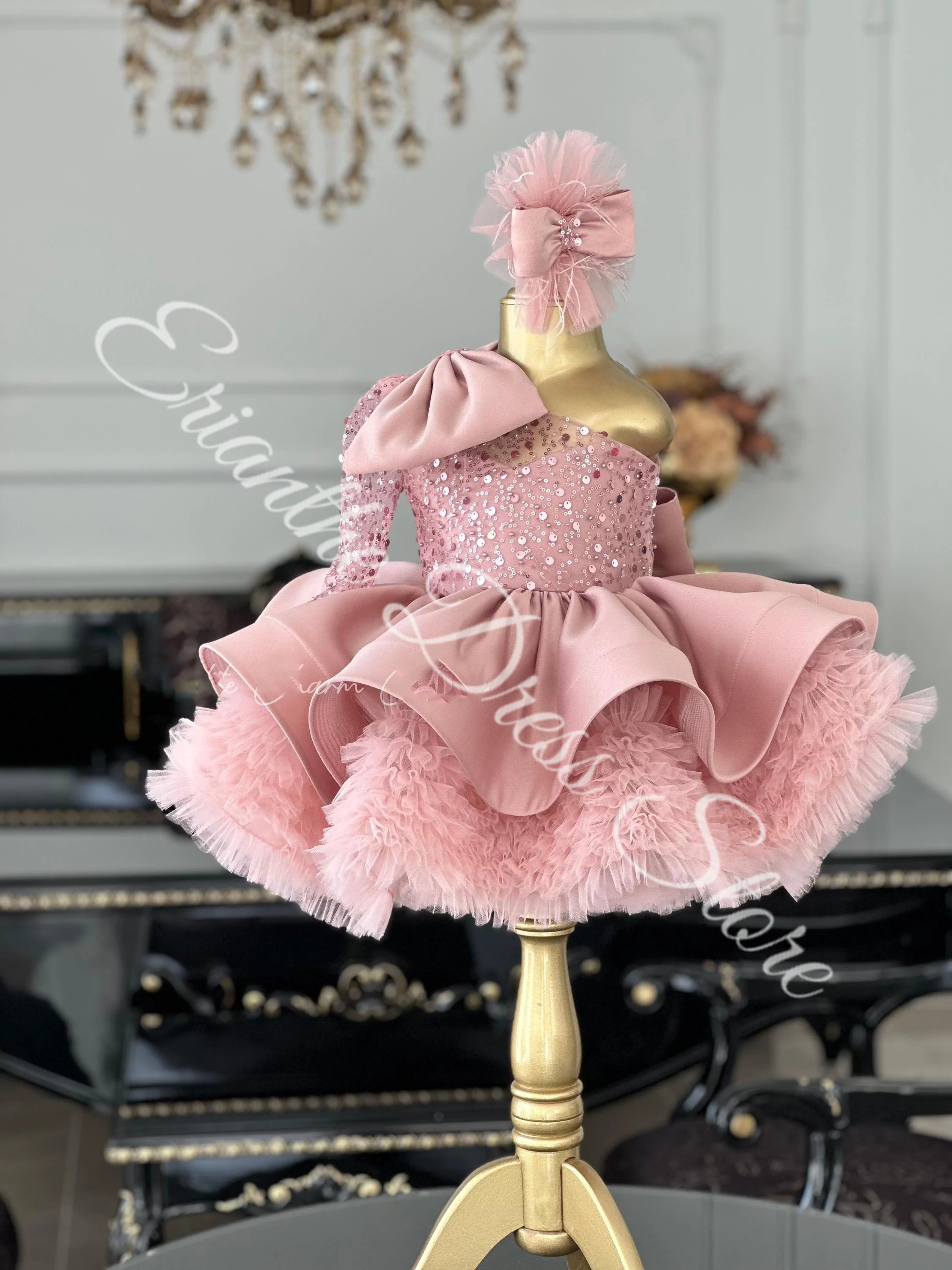 فستان فتاة الزهور لحفلات الزفاف منتفخ من التول مع فيونكة فستان أنيق لحفلات أعياد الميلاد وحفلات التواصل الأول مخصص #5