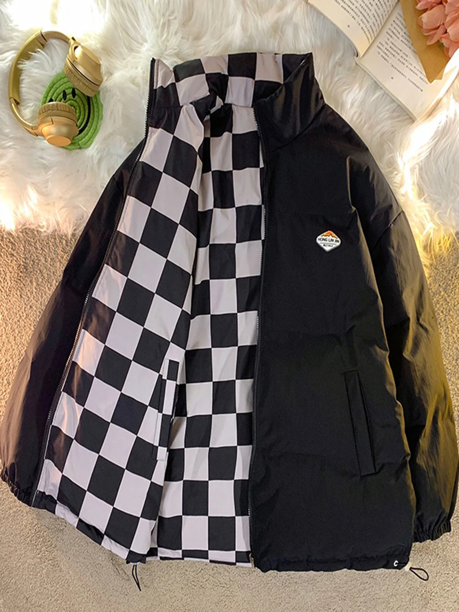 

Двусторонняя одежда, хлопковая куртка для мужчин, модная свободная клетчатая зимняя верхняя одежда с воротником для пар, молодежная повседневная одежда