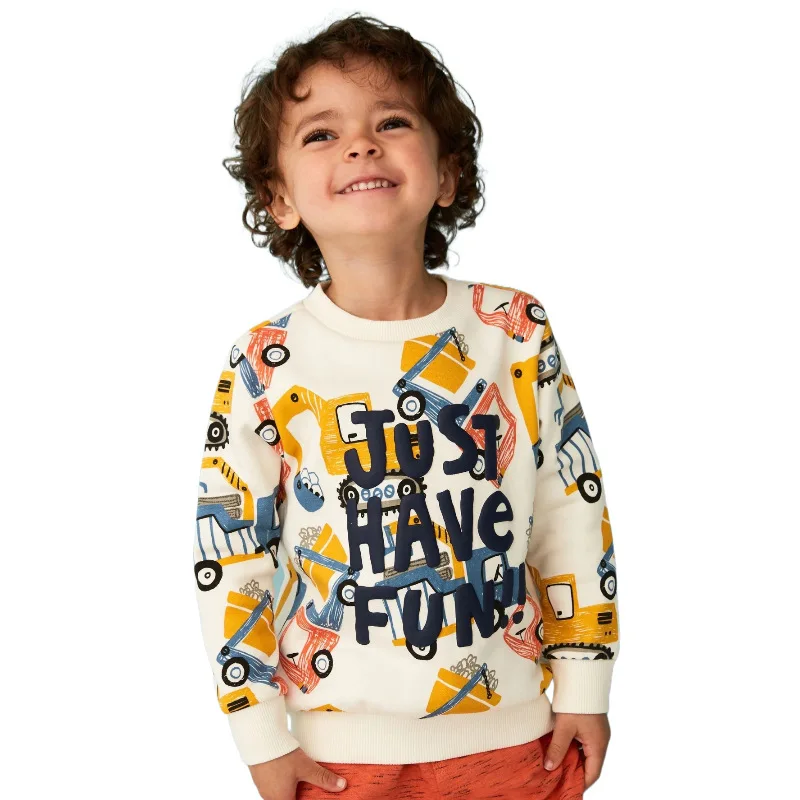 

2025Spring New Boys' Long Sleeve Sweatshirt Knitted Round Neck Long Sleeve Printed Excavator Pattern Top Distribution