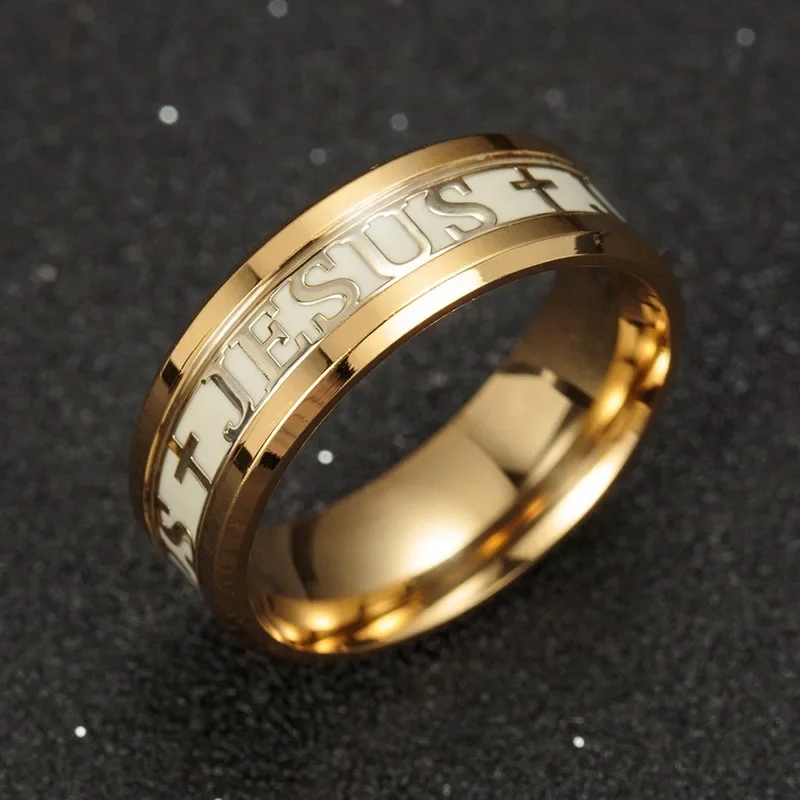 Anillo luminoso de acero inoxidable para mujer y hombre, sortija de compromiso con la cruz de Jesús y Cristo, brillante en la oscuridad, accesorios