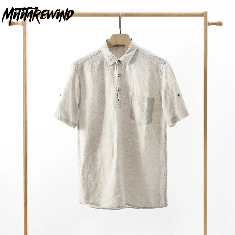 

Summer Pure Linen Shirt Breathable Beach Mens Short Sleeves Shirt Lapel Pullover Shirt with Pocket Daily Causal Loose Top Simple