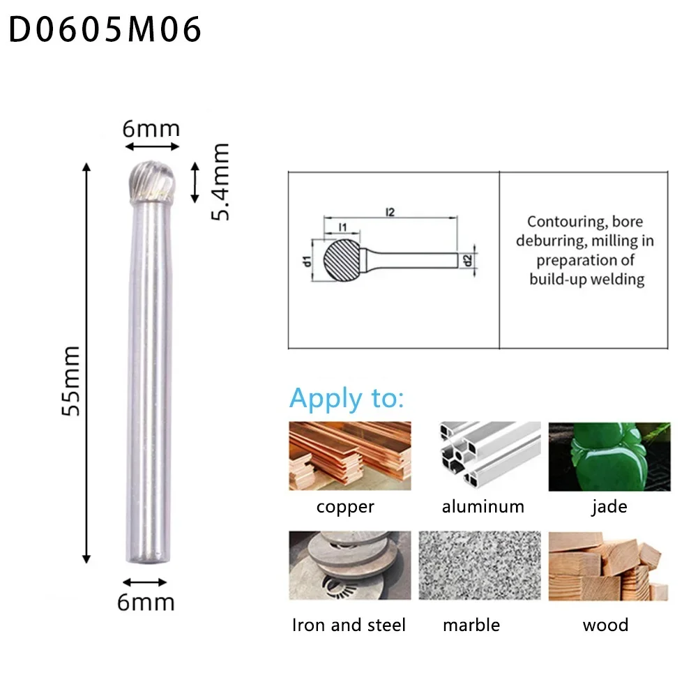 

D Type Ball Head Rotary Burr Metal Cutter Single/Double Cut Tungsten Carbide Grinder Bits Carving Abrasive Rotary Power Tools