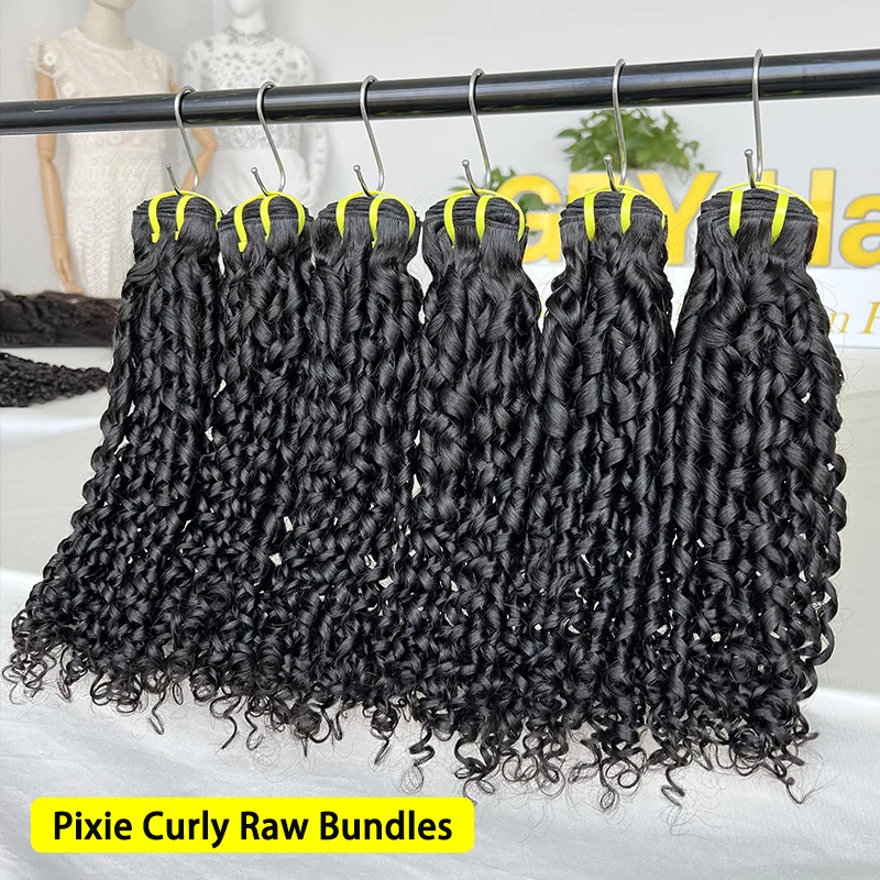 Pixie Curl Hair Weave Human Hair Bundles Super Double Drawn Pixie Curly Bouncy Hair Weave Human 100% Raw Hair Bundle Extension