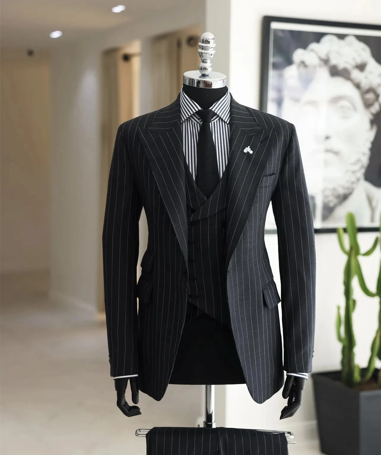 

Formal Mens Suits Slim Fit 3 Piece Black Stripes Blazer Sets Business Wedding Groom Best Man Full Clothing Big And Tall Outfits