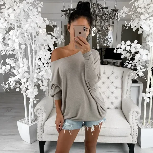 Women\'s Top Long Sleeve T-shirt Autumn 2024 New Fashion Off Shoulder Solid Color Pullover Casual Elegant Commuting Style