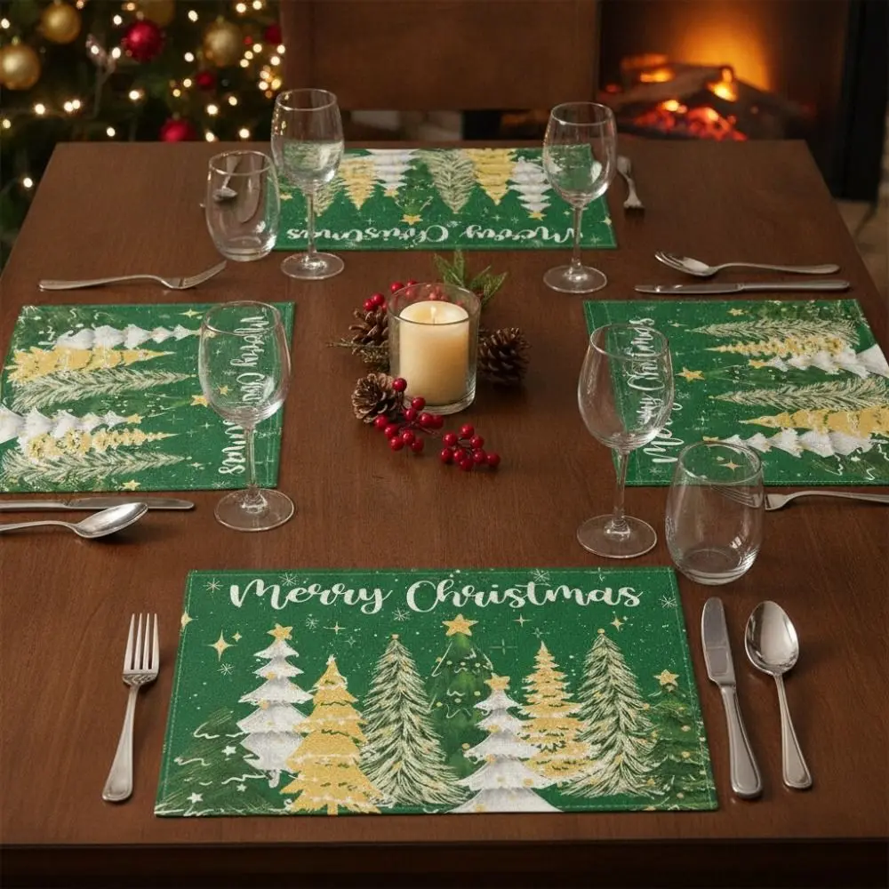 4PCS Linen-like Christmas Tree Placemats Stain-resistant Anti-slip Christmas Tableware Mat Rectangular Washable
