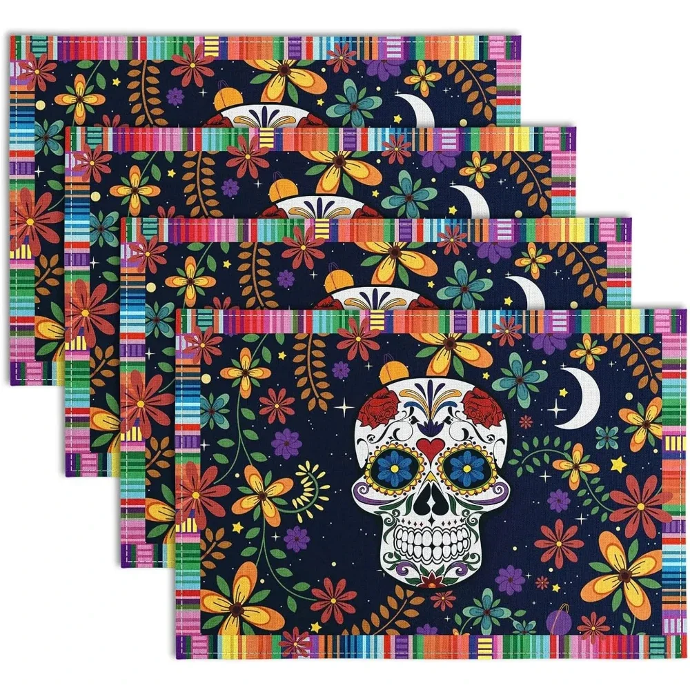 Mexico Day of The Dead Skull Placemats Table Decoration Mexican Colorful Flower Dia De Los Muertos Table Mats Fiesta Party Decor