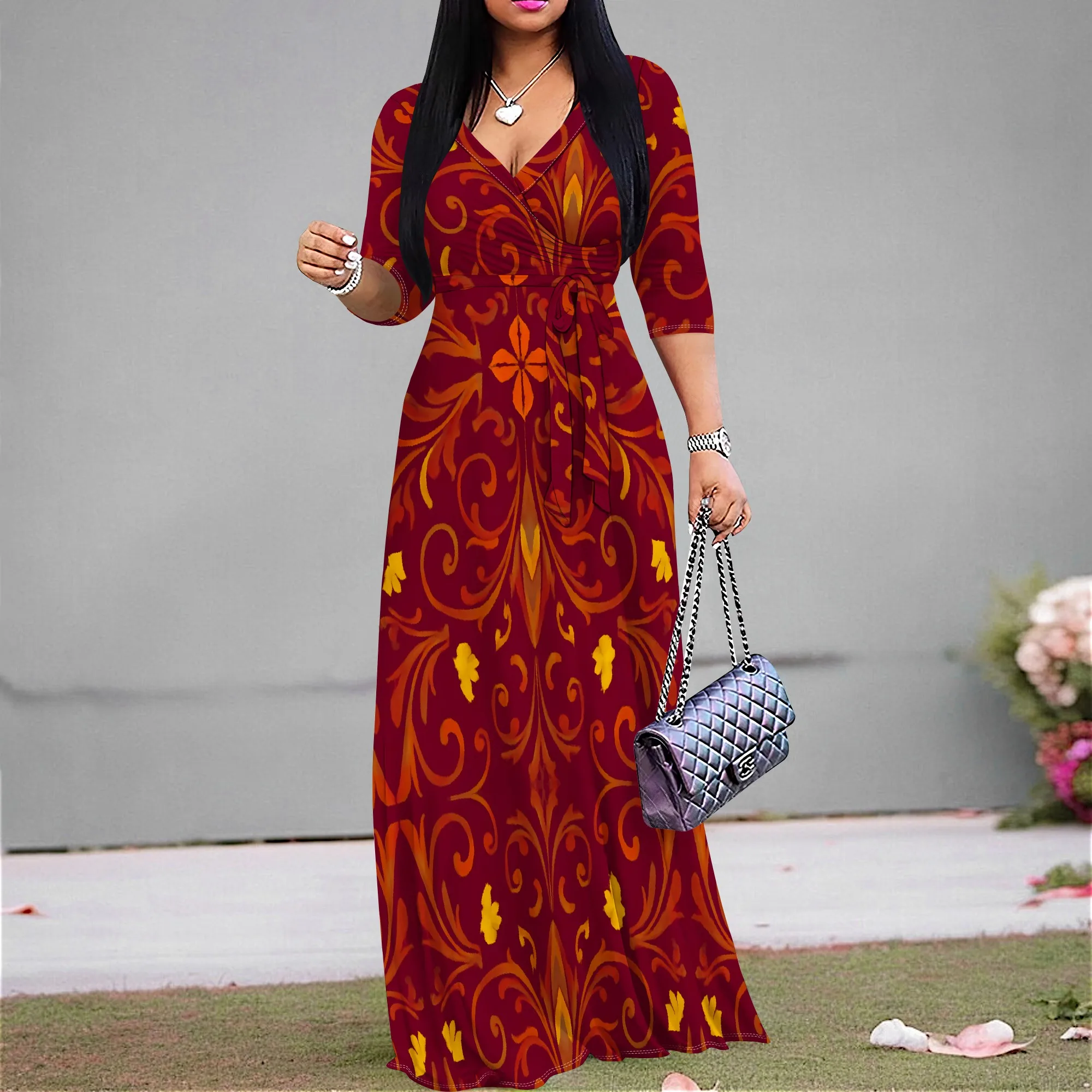

Vintage Baroque Print Maxi Dress S-3XL V-Neck 3/4 Sleeve Belted A-Line Style for Fall Church, Family Gathering or Cultural Event