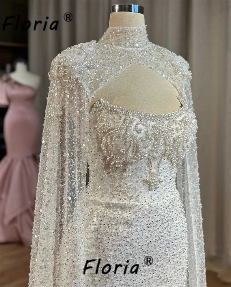 Luxury Beaded Pearls Dubai Mermaid Wedding Dresses with Detachable Cape Sparkly Sequin Beading Brides Gown Custom Made Vestidos