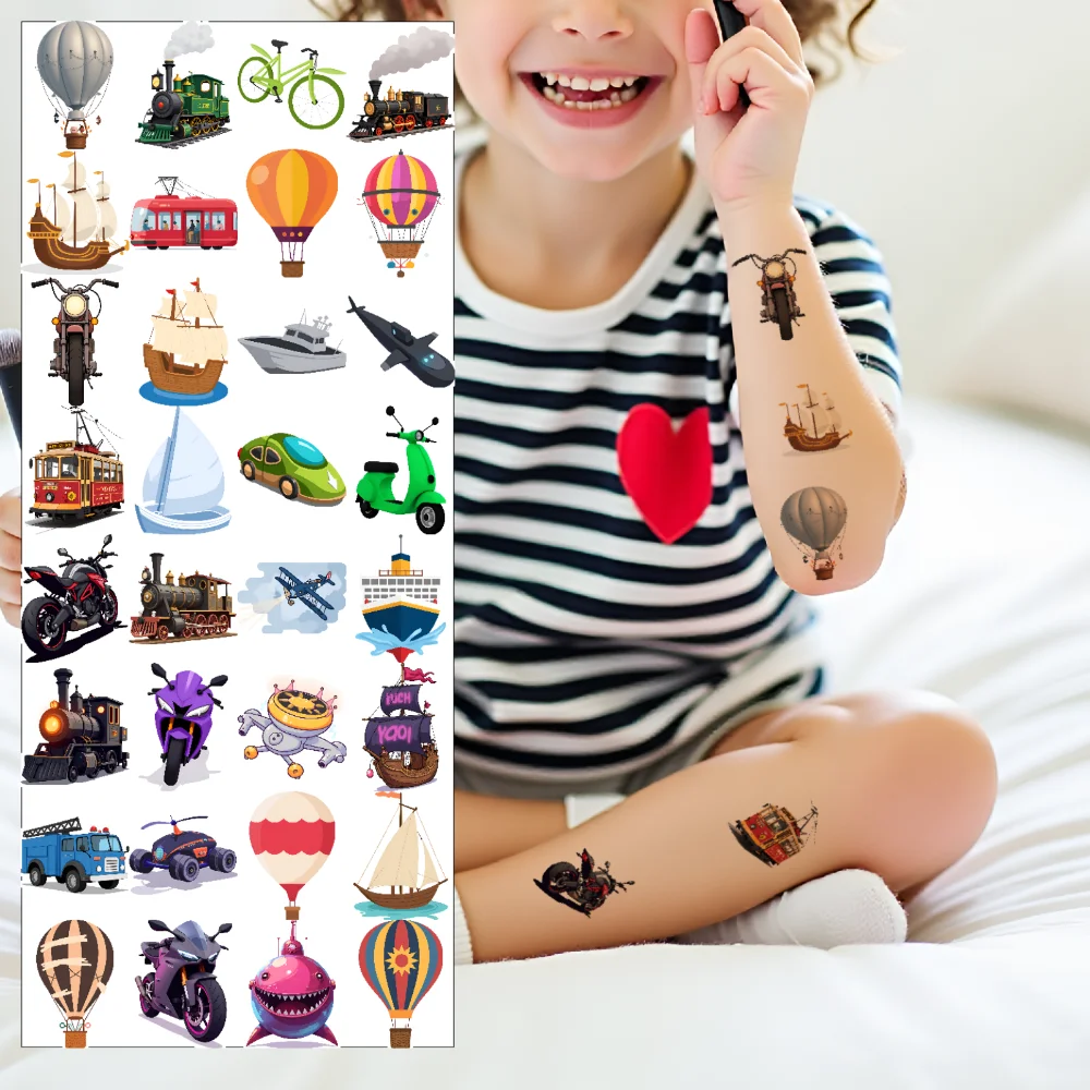 

54pcs Temporary Tattoo Airplane Cartoon Hot Air Balloon Ship Temporary Tattoo Stickers Motorcycle For Cheeks Children Arms