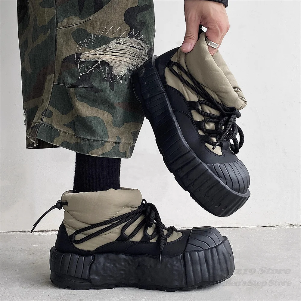 Snow Boots for Men 2025 New Winter Plush Big Head Warm Cotton Thick Sole Casual Shoes Male Trendy Patchwork Lace Up Bread Shoes