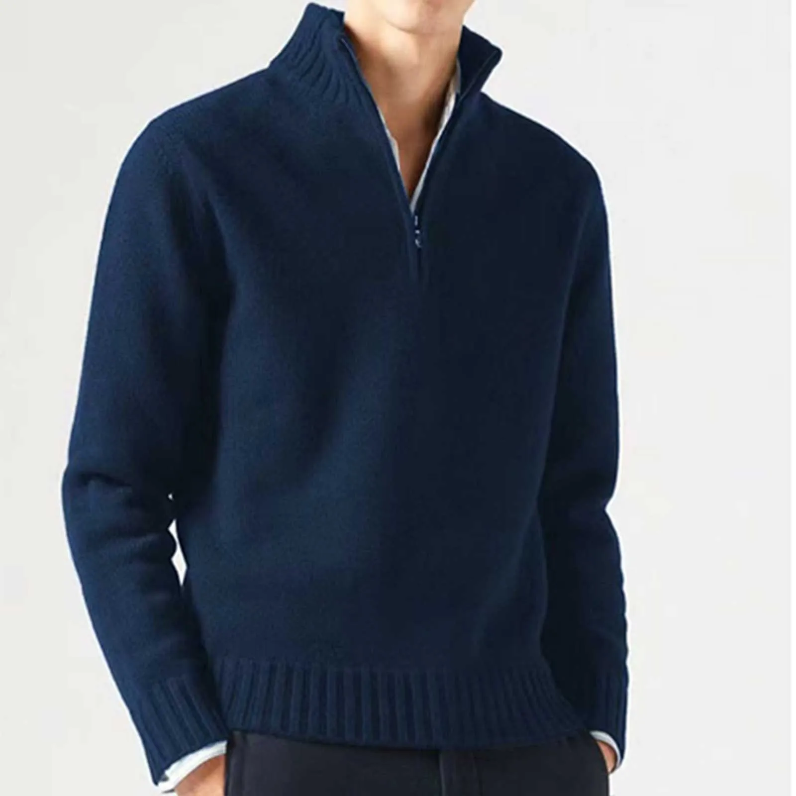 Male Casual Simple Bottom Sweater Solid Color Warm Wool Knit Half Zip Long Sleeve High Collar Sweater Mid Length Jackets for Men