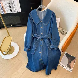 Women's plus size autumn/winter casual denim dress doll collar waist waist MIDI commuter cardigan denim skirt 2024 new model