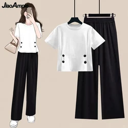 2024 Summer New Women Fashion Solid T Shirts Wide Leg Pants 1 or Two Piece Set Korean Student Casual White Tops Trousers Outfits