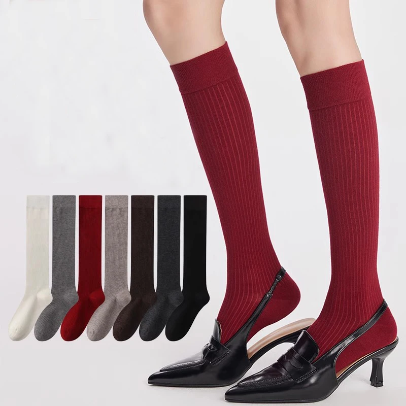 Autumn/Winter High-quality 5A Women\'s Knee And Calf Mid Length Socks Lightweight And Warm Cold-proof Fine Wool Stripes Stockings