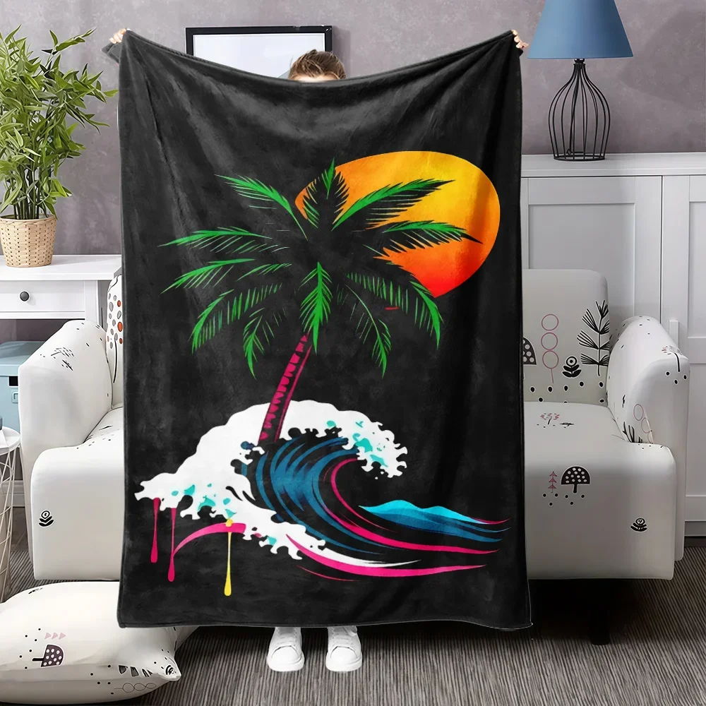 

Плед PC Tropical Sunset Beach, мягкий фланелевый плед на все времена года, уютный плед с дизайном пальм и морских волн на черном фоне