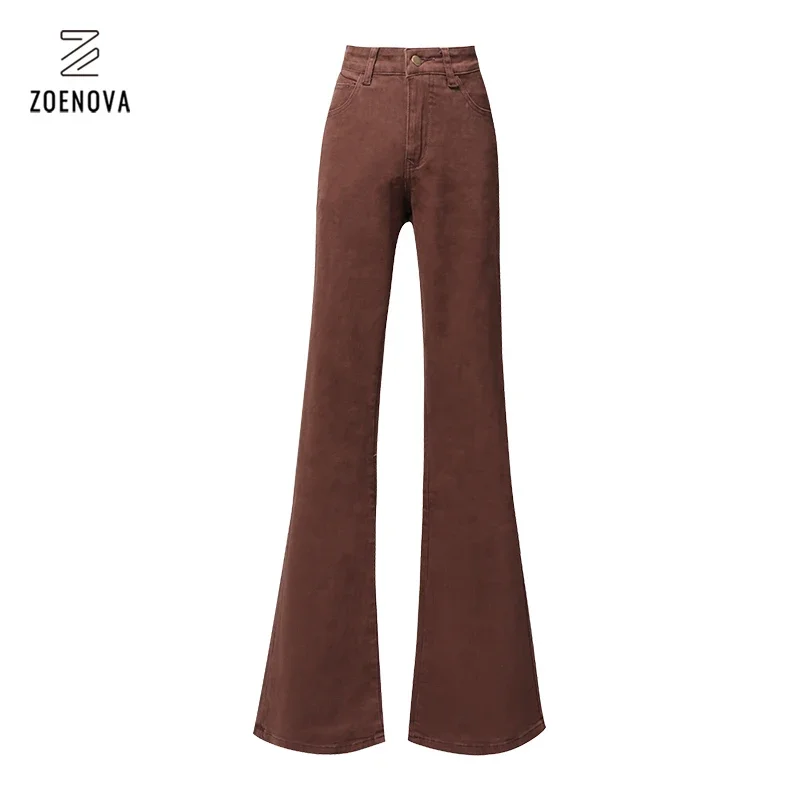 Brown Flared Jeans For Women 2024 High Street Y2k Fashion Trousers Low Waist Elasticity Cotton Blue Elegant Ladies Casual Pants