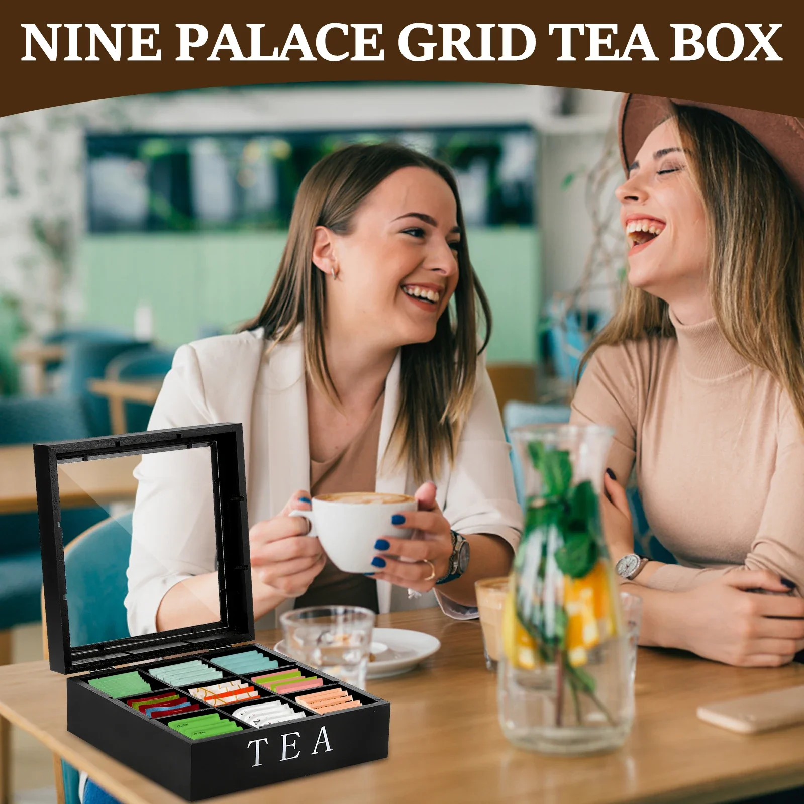 9 Grids Wooden Tea Bag Holder Sugar Packets Spice Pouches Storage Case Instant Coffee Bag Boxes With Clear Lid Tea Bag Organizer
