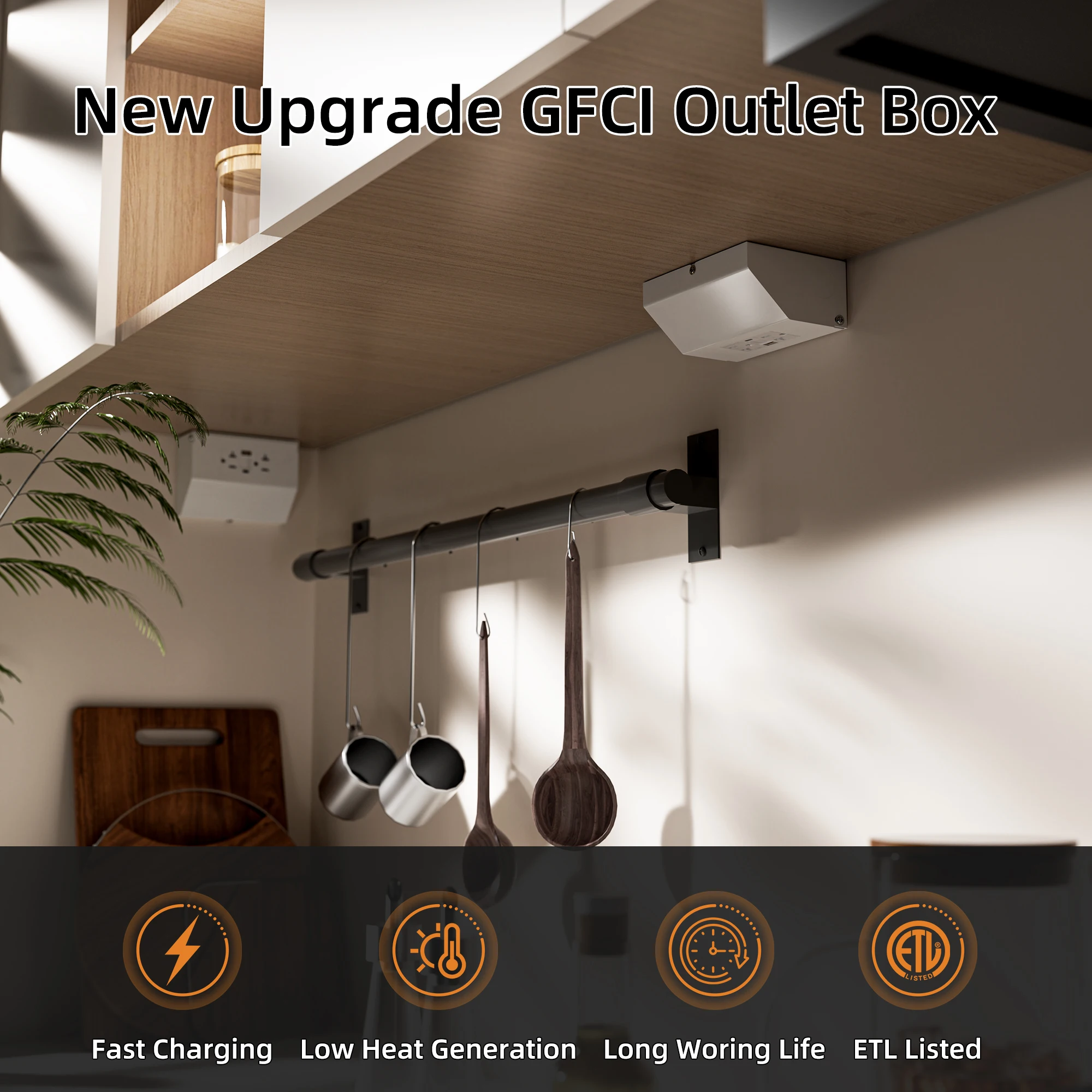 Under Cabinet Outlet, ‌20 Amp GFCI Under Cabinet Receptacle Hardwired Outlet with USB Ports & Cover for Kitchen