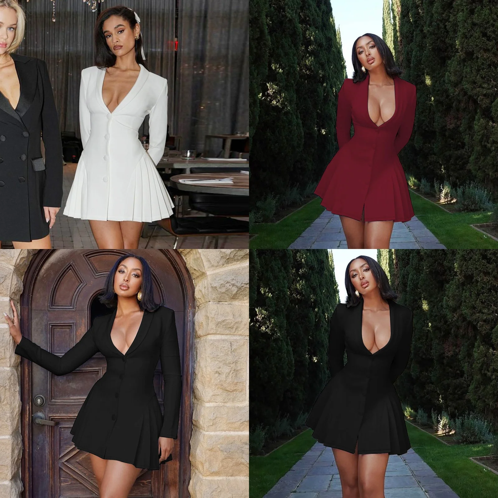 Dress Women's Fashion Sexy Solid Deep V Neck Blazer Collar Open Front Cardigan Ruffled Hem Short Sundress Spring Summer Dresses