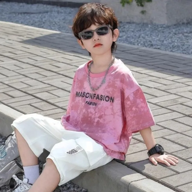 Cotton Short Sleeve T-Shirt Summer Tie Dye Print Streetwear Casual Wear Loose Fit Kids Clothing Fashion Printed Base Layer​