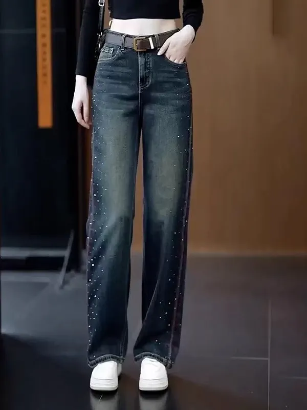 

High Waist Loose Straight Leg Jeans Women's Spring Autumn Faion Trend Rhinestone Decorated Wide Leg Pants Deep Blue Denim