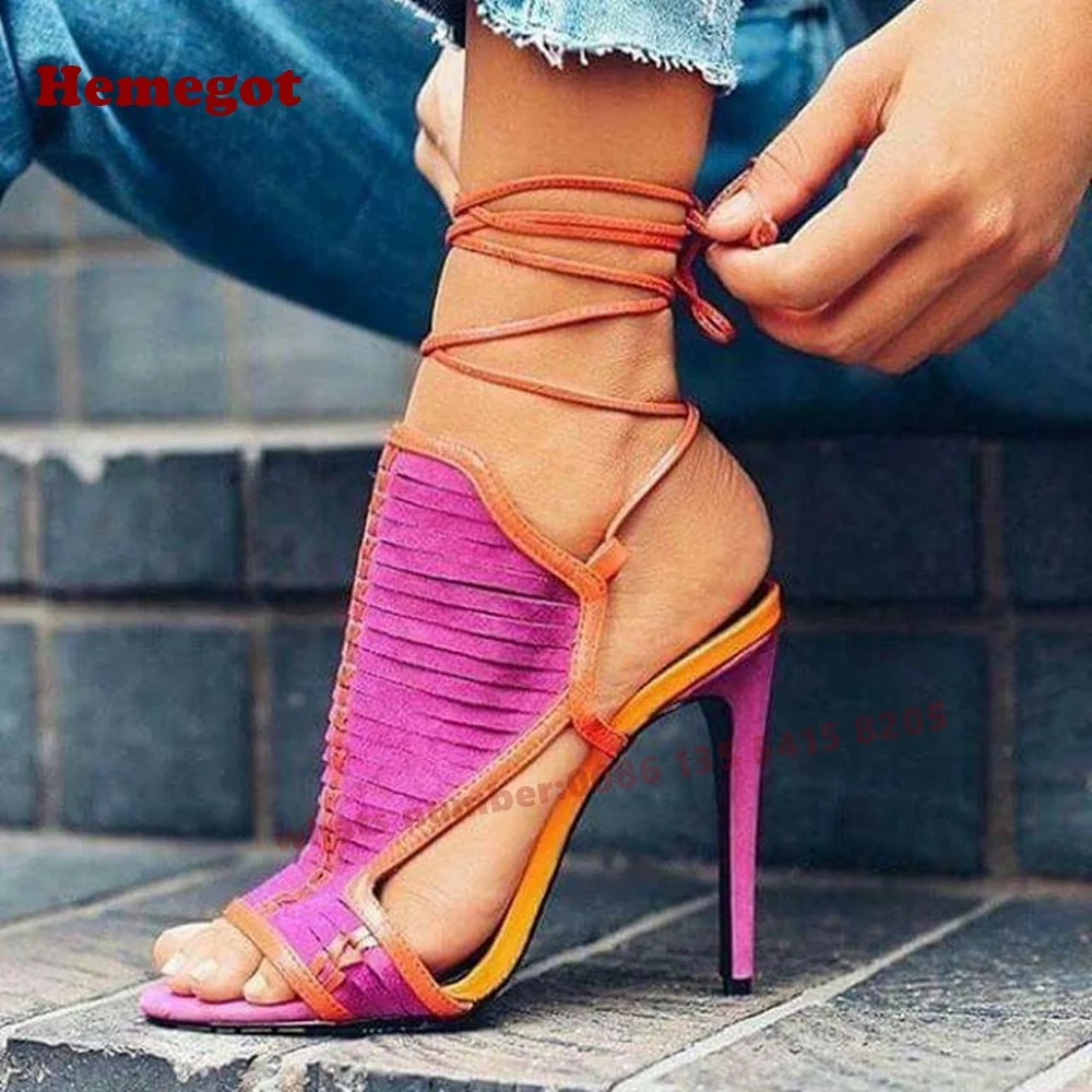 

Magenta Splicing Lace Up Sandals 2025 New Open Toe Stiletto Heels Women's Sandals Cross Strappy Side Air Cut Out Summer Shoes