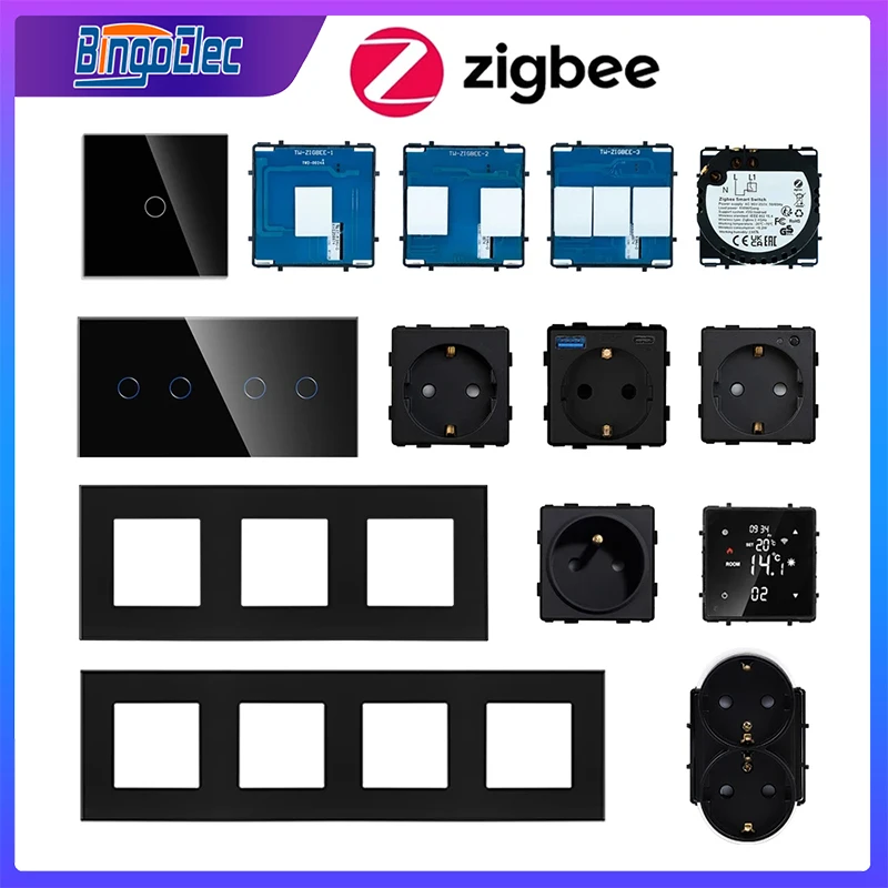 Need Neutral ZigBee Switch Smart Light Switches and Socket Parts Black Glass Panel Wall Outlets DIY Part Smart Home EU Standard